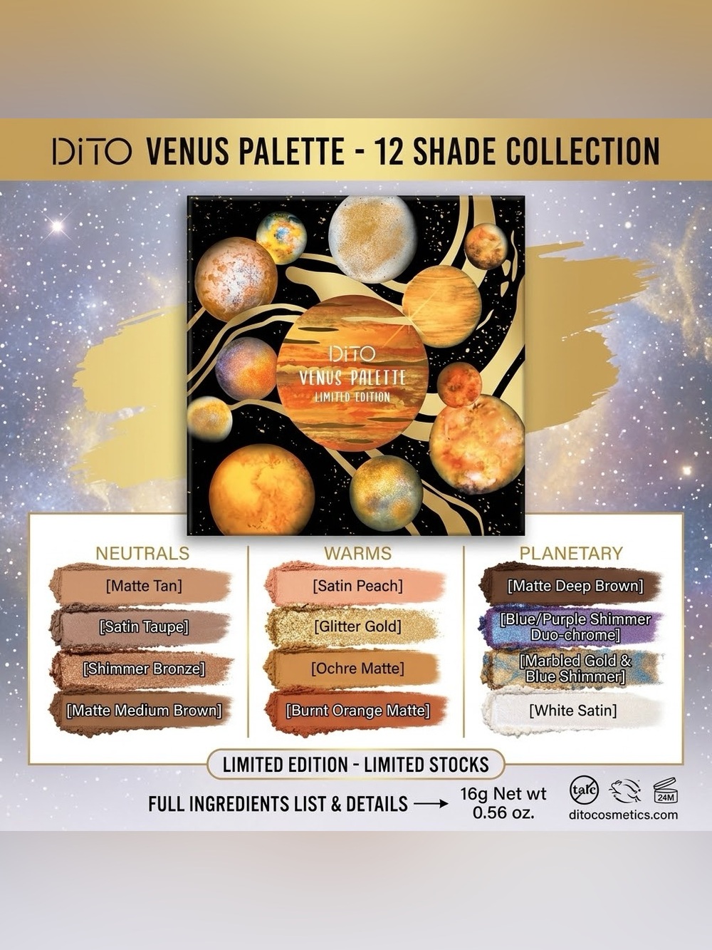 DiTO Venus Palette Limited Edition Eyeshadow Palette- 12 Shades